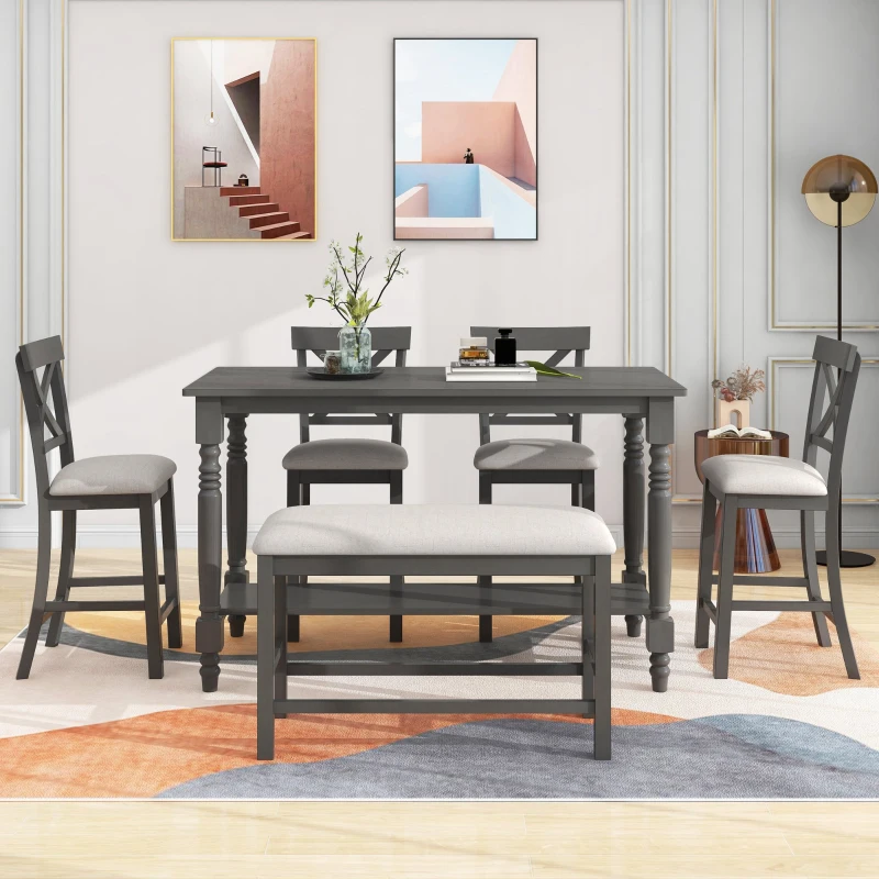 6-Piece Counter Height Dining Table Set with Shelf, 4 Chairs and Bench, High-Density Foam Cushions, MDF and Melaleucar Wood, 60''L x 29.5''W x 36''H, Gray