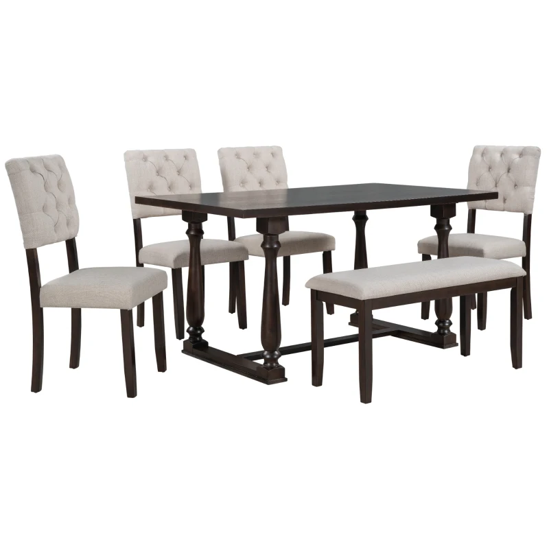 6-Piece Dining Table and Chair Set with Special-Shaped Legs, Foam-Covered Seat Backs & Cushions, Includes 1 Table, 4 Chairs, and 1 Bench, 60''L x 36''W x 30''H, Espresso