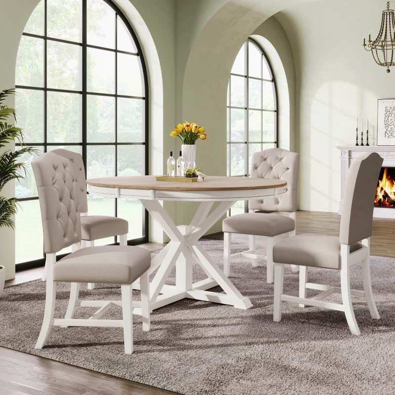Retro Style Dining Table Set with Extendable Table and 4 Upholstered Chairs, Solid Wood Legs, 42"-54"L x 42"W x 30"H Oval Table, Oak Natural Wood + OFF White