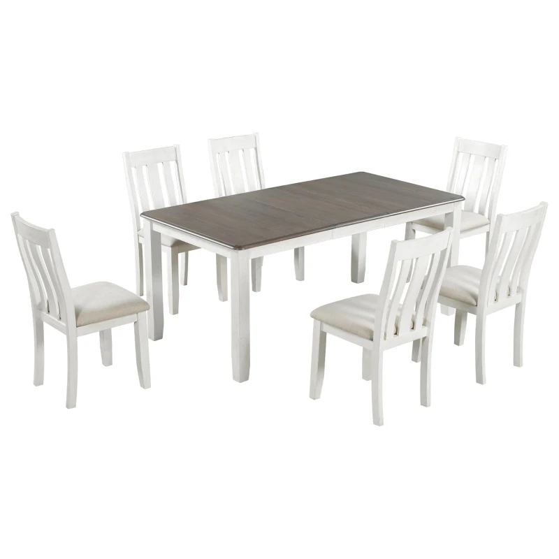 Retro Style 7-Piece Dining Table Set with Extendable Table, 6 Upholstered Chairs, Solid Wood Legs, and Distressed Finish, 54"-70"L x 36"W x 30"H, Brown+White