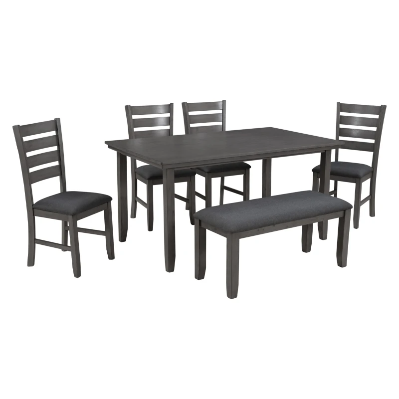 Dining Room Table and Chairs with Bench, Rustic Wood Dining Set, 6-Piece, Distressed Finish, Upholstered Seats, Solid Wood Legs, 60"L x 36"W x 30.3"H Table, Gray