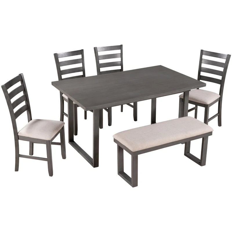 6-Piece Solid Wood Dining Room Set with Rectangular Table, 4 Chairs, and Bench, High-Density Cushions, 60''L x 35.8''W x 30.3''H, Gray