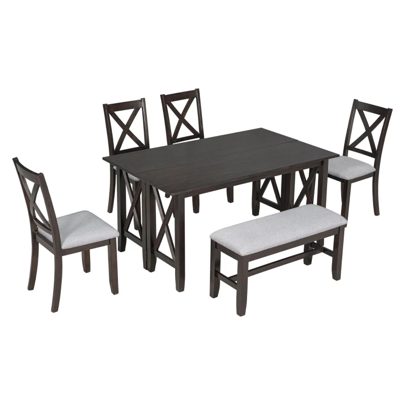 6-Piece Dining Room Set, Solid Wood Foldable Table with 4 Chairs and Bench, Space-Saving Design, 60"x36" Table, Espresso