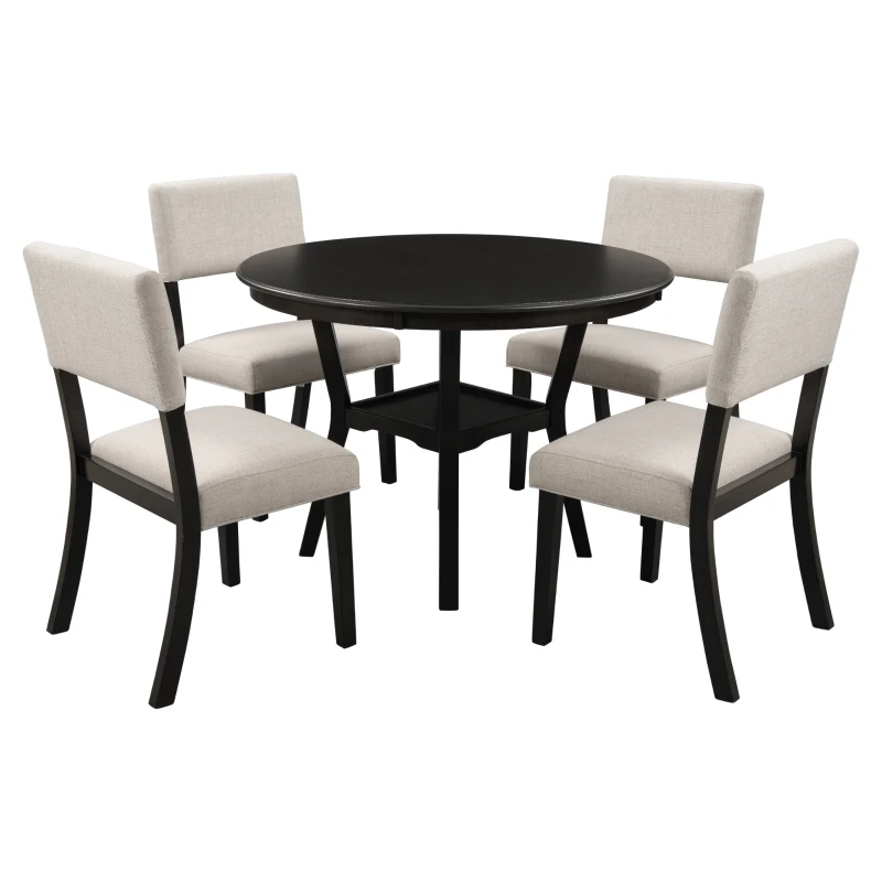 Vinsetto 5-Piece Kitchen Dining Table Set with Bottom Shelf and 4 Upholstered Chairs, 42"Lx42"Wx30"H Table, Contemporary Style, Espresso Finish, Espresso
