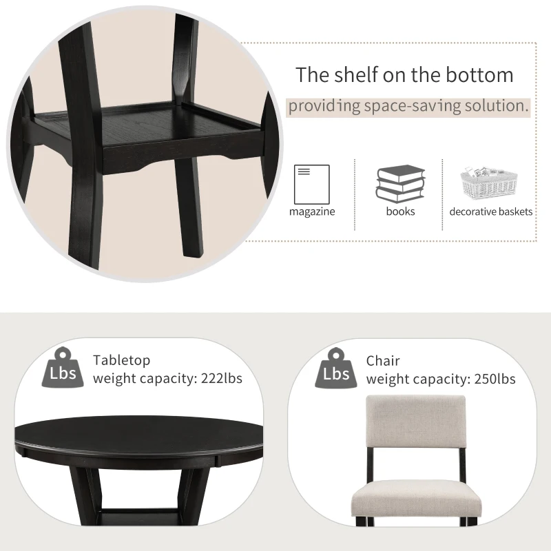 Vinsetto 5-Piece Kitchen Dining Table Set with Bottom Shelf and 4 Upholstered Chairs, 42"Lx42"Wx30"H Table, Contemporary Style, Espresso Finish, Espresso