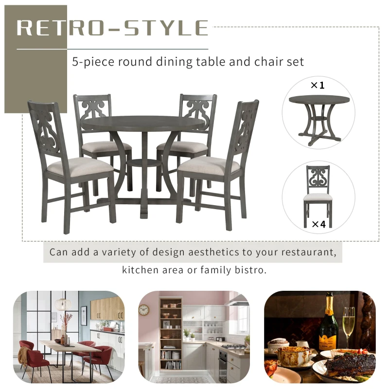 5-Piece Round Dining Table and Chair Set with Special-Shaped Legs, Hollow Chair Back, and Cushioned Seats, 42"Lx42"Wx30"H, Gray