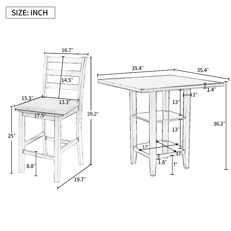 5-Piece Wooden Counter Height Dining Set with Padded Chairs and Storage Shelving, 35.4''L x 35.4''W x 36.2''H Table, 17.5''L x 22''W x 39.2''H Chairs, Espresso