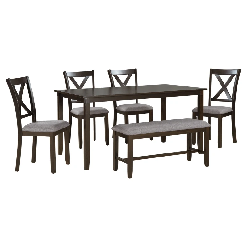 6-Piece Kitchen Dining Table Set, Wooden Rectangular Table with 4 Fabric Chairs and Bench, Durable Solid Wood Frame, 60''L x 36''W x 30''H, Espresso