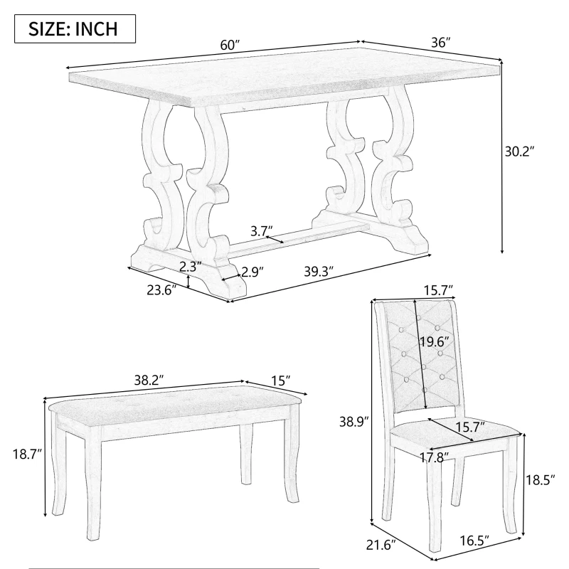 Vinsetto 6-Piece Retro Dining Set with Unique Table Legs and Foam-Covered Seats, Solid Wood Construction, 60" Table, Gray Wash