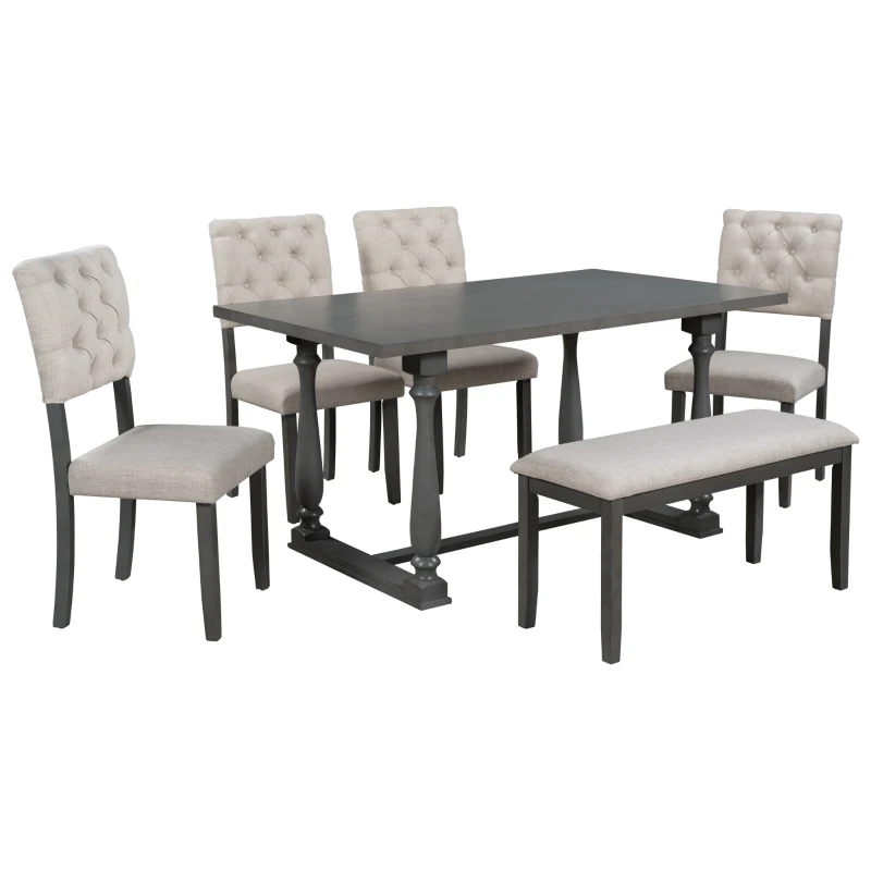 6-Piece Dining Table and Chair Set with Special-Shaped Legs, Foam-Covered Seat Backs & Cushions, Retro Pine Veneer, Gray