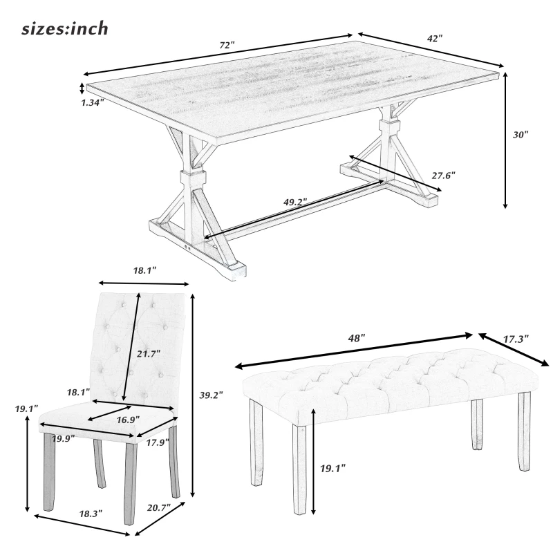 6-Piece Farmhouse Dining Table Set, 72''L x 42''W x 30''H Wood Rectangular Table, 4 Upholstered Chairs with Bench, Ergonomic Design, Solid Wood Construction, Walnut