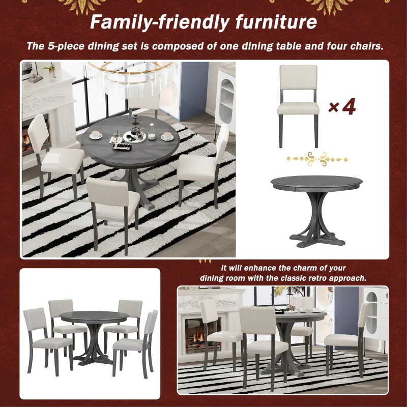 5-Piece Retro Round Dining Table Set with Curved Trestle Legs, Upholstered Chairs, and Solid Wood Frame, 44”Lx44”Wx30.2”H, Dark Gray