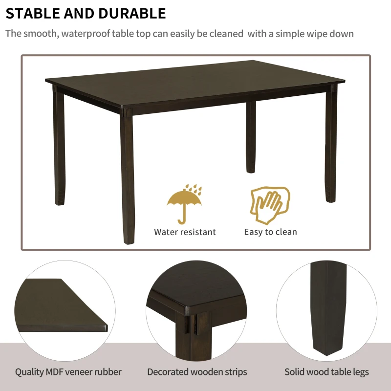 6-Piece Kitchen Dining Table Set, Wooden Rectangular Table with 4 Fabric Chairs and Bench, Durable Solid Wood Frame, 60''L x 36''W x 30''H, Espresso
