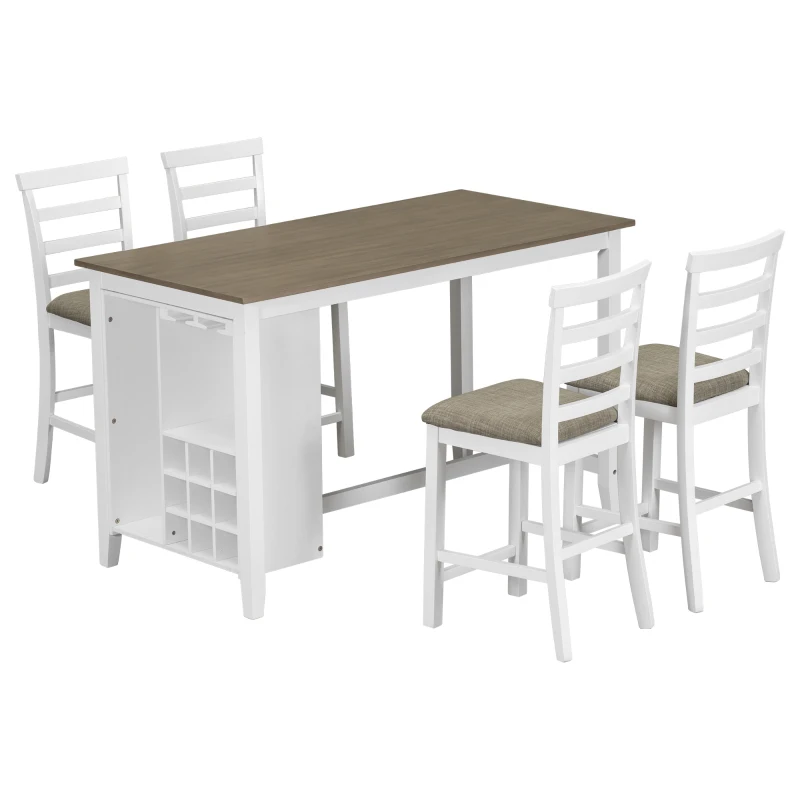 5-Piece Rubber Wood Counter Height Dining Set with Padded Chairs, Wine Compartment, and Wineglass Holders, 59.6"L x 30"W x 36"H, Brown+Whitewash
