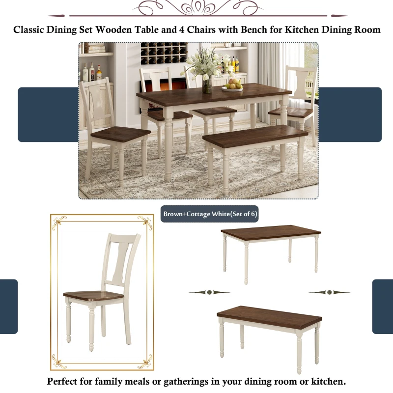 Classic 6-Piece Dining Set, Wooden Table and 4 Chairs with Bench, Sturdy Wood Construction, Ergonomic Design, 60''L x 35.8''W x 30''H, Brown+Cottage White
