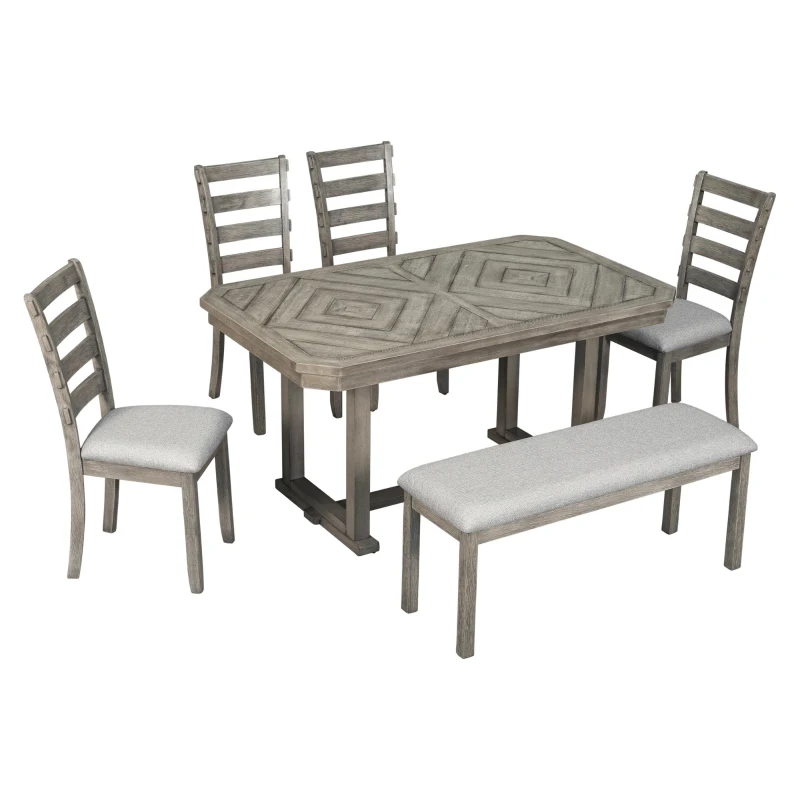 6-Piece Rubber Wood Dining Table Set with Beautiful Wood Grain Pattern, Solid Wood Veneer, Soft Cushions, and H-Shaped Support Legs, 60"L x 36"W x 30.3"H, Gray