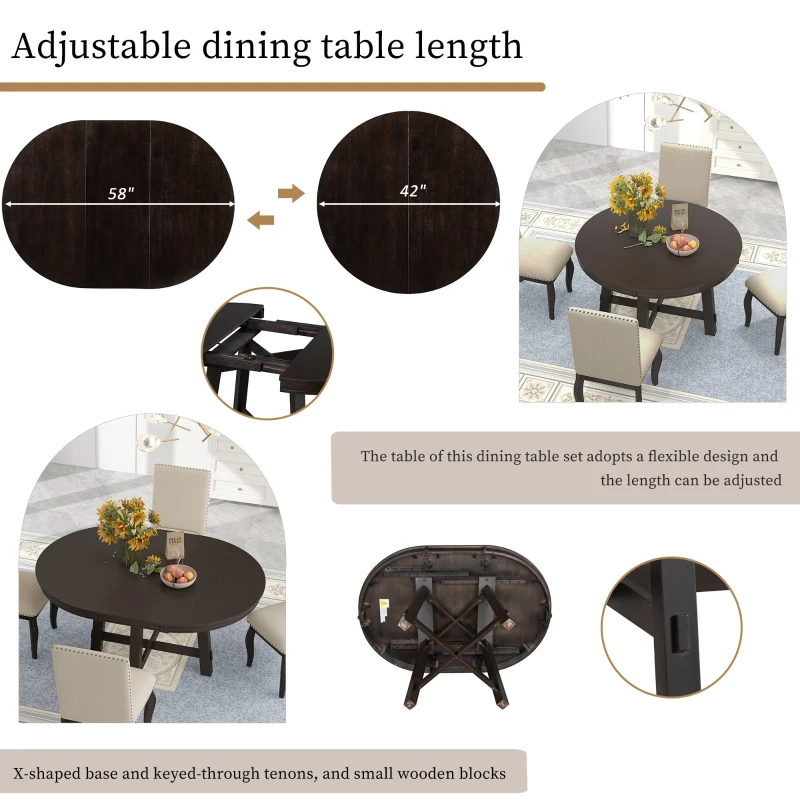 5-Piece Farmhouse Dining Table Set, Wood Round Extendable Table with 4 Upholstered Chairs, Adjustable Length, Solid Structure, 42-58"L x 42"W x 30"H, Espresso