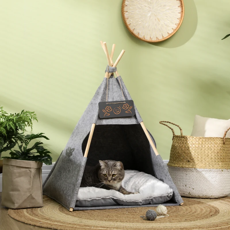 PawHut Pet Teepee Tent Cat Cave Small Dog Bed with Thick Cushion, Name Chalkboard for Kitten and Puppy Grey