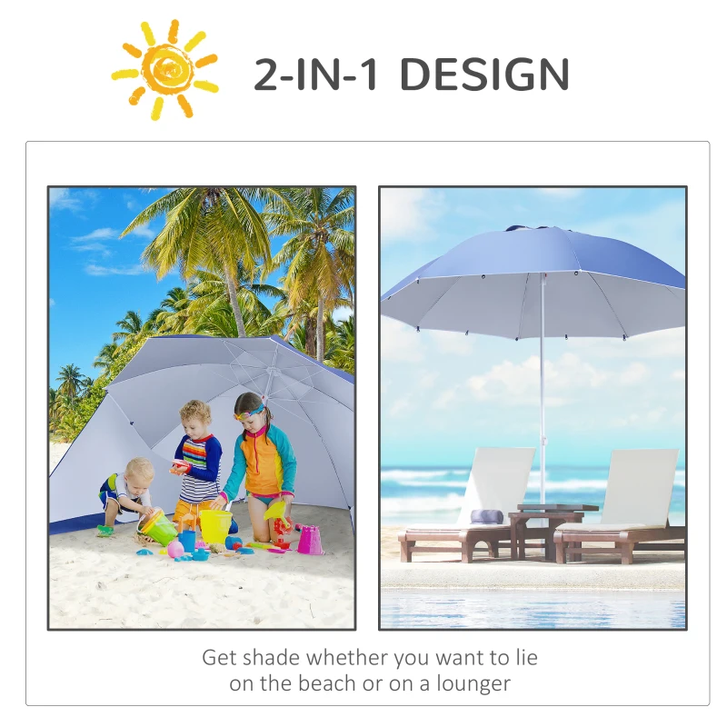 Outsunny 7.5FT 2-in-1 Beach Umbrella with Carry Bag, Umbrella Shelter with Silver Coated UPF50+ UV Protection and Adjustable Height for Camping, Fishing, Backyard, Blue