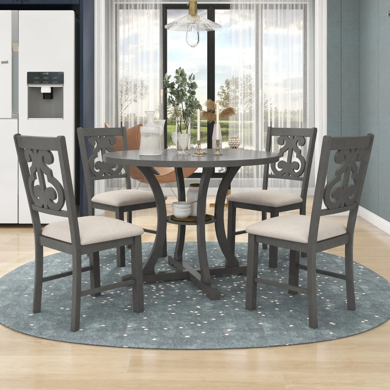 5-Piece Round Dining Table and Chair Set with Special-Shaped Legs, Hollow Chair Back, and Cushioned Seats, 42"Lx42"Wx30"H, Gray