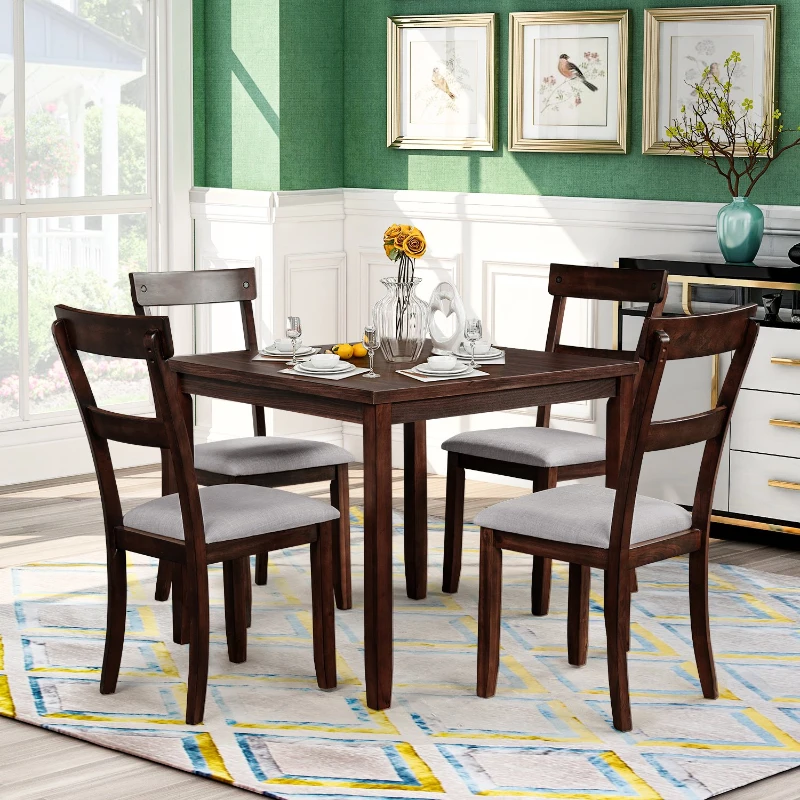 Vinsetto 5 Piece Dining Table Set, Industrial Wooden Kitchen Table and 4 Chairs, Compact Design, Upholstered Seats, 35"x35"x30", Espresso