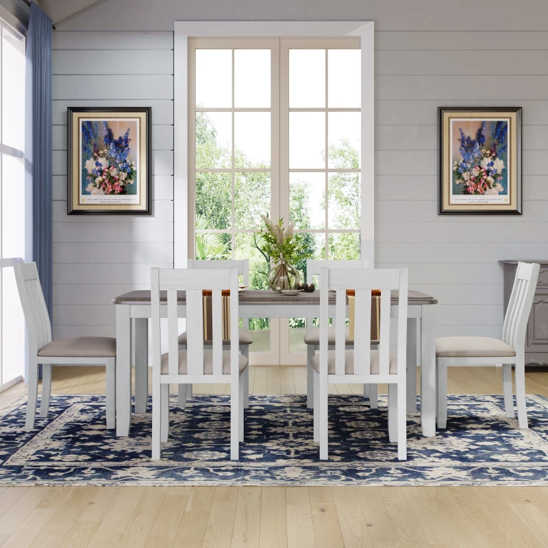 Retro Style 7-Piece Dining Table Set with Extendable Table, 6 Upholstered Chairs, Solid Wood Legs, and Distressed Finish, 54"-70"L x 36"W x 30"H, Brown+White