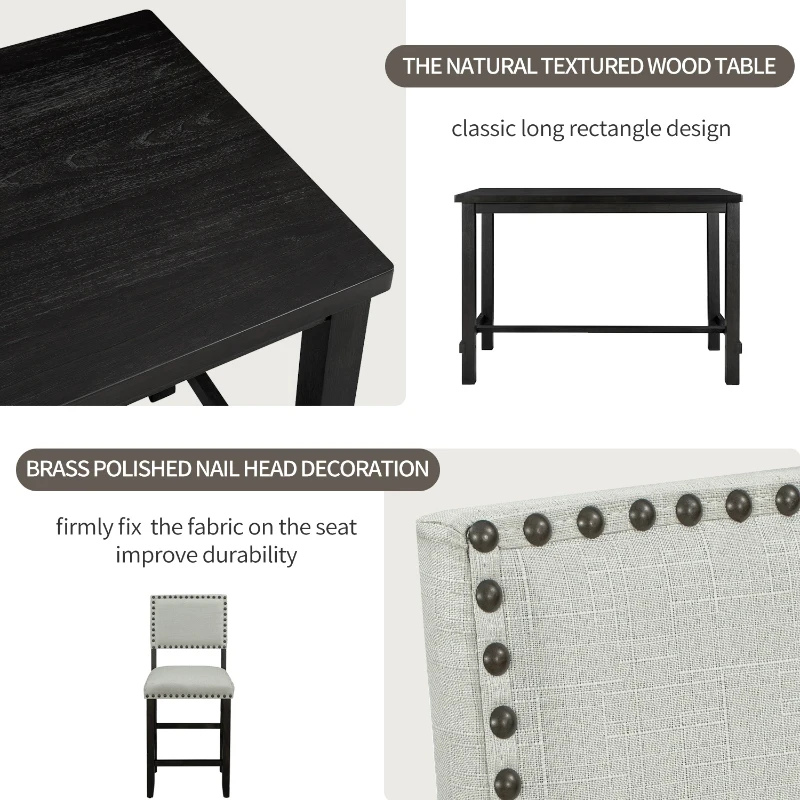 5-Piece Counter Height Dining Set, Wooden Table and 4 Cushioned Chairs with Nail Head Trim, Ergonomic Design, 52"L x 27"W x 36.3"H, Espresso