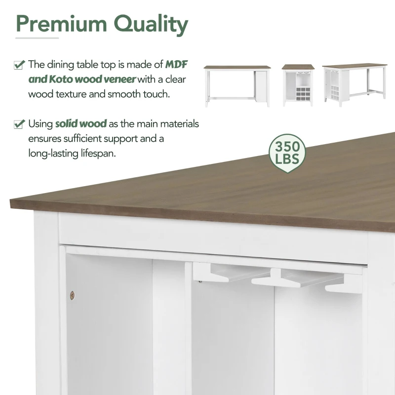 5-Piece Rubber Wood Counter Height Dining Set with Padded Chairs, Wine Compartment, and Wineglass Holders, 59.6"L x 30"W x 36"H, Brown+Whitewash