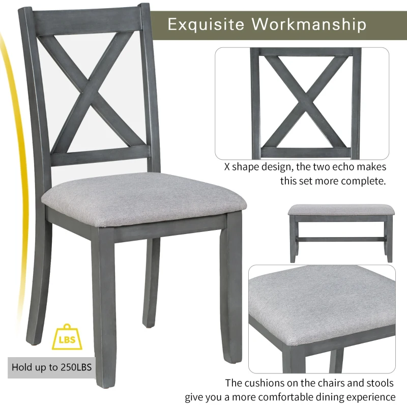 Retro 6-Piece Family Dining Room Set, Solid Wood Foldable Table and 4 Chairs with Bench, Space-Saving Design, for kitchen, Gray