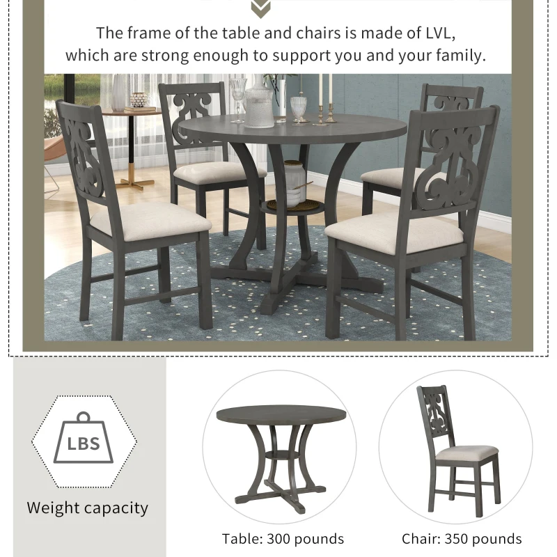 5-Piece Round Dining Table and Chair Set with Special-Shaped Legs, Hollow Chair Back, and Cushioned Seats, 42"Lx42"Wx30"H, Gray