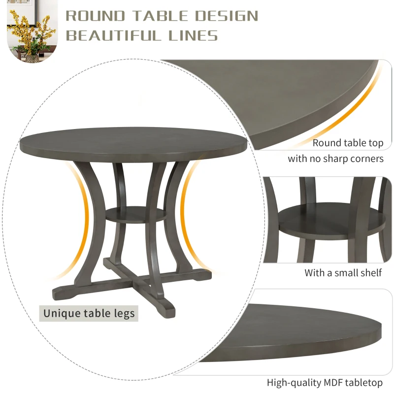 5-Piece Round Dining Table and Chair Set with Special-Shaped Legs, Hollow Chair Back, and Cushioned Seats, 42"Lx42"Wx30"H, Gray