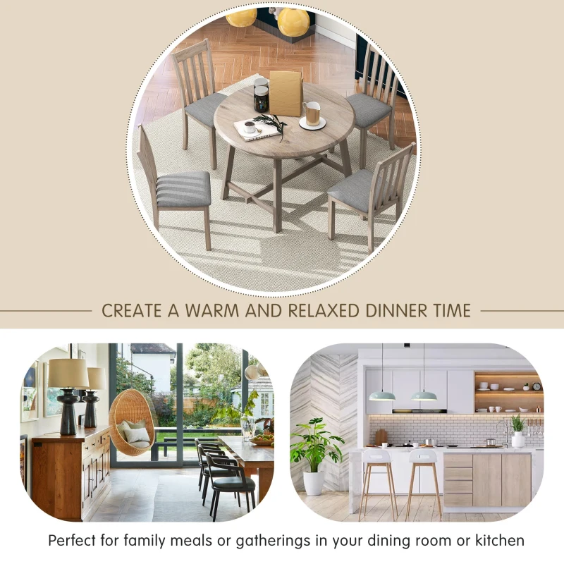 5-Piece Wood Dining Table Set, Round Extendable Table with 4 Chairs, Adjustable Length 41.4"-56.6", Modern Farmhouse Style, Natural Wood Wash