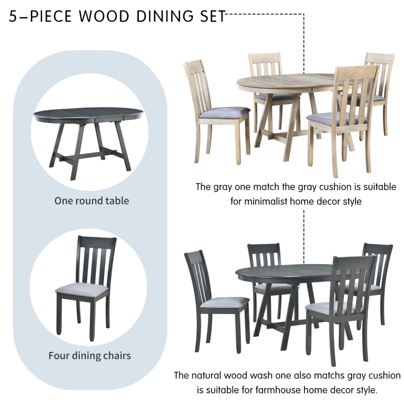 5-Piece Wood Dining Table Set, Round Extendable Table with 4 Chairs, Adjustable Length 41.4"-56.6", Modern Farmhouse Style, Gray