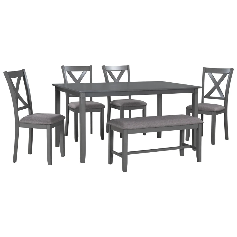 6-Piece Kitchen Dining Table Set, Wooden Rectangular Table with 4 Fabric Chairs and Bench, Waterproof Top, Easy Assembly, 60''L x 36''W x 30''H, Gray