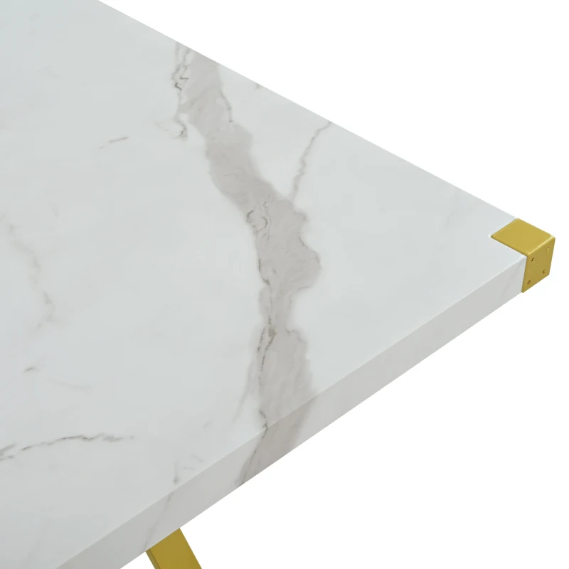 Vinsetto 7-Piece Pedestal Modern Dining Table Set, Rectangular Marble Texture Kitchen Table with 6 PU Leather Chairs and X-Shaped Gold Steel Pipe Legs, 60"L x 36"W x 30"H, White
