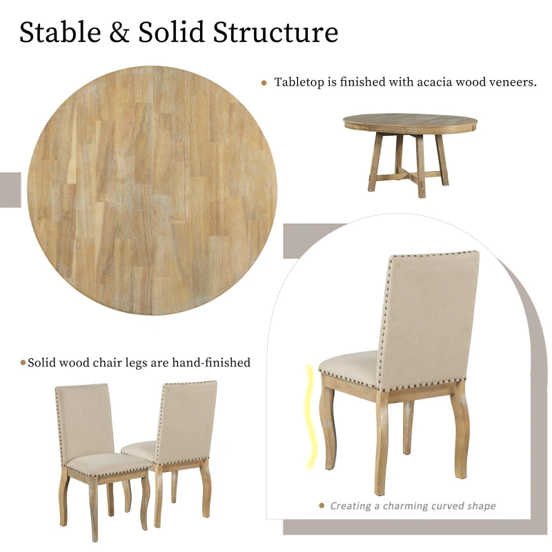 5-Piece Farmhouse Dining Table Set, Wood Round Extendable Table with 4 Upholstered Chairs, Adjustable Length, Solid Structure, 42~58"L x 42"W x 30"H, Natural Wood Wash