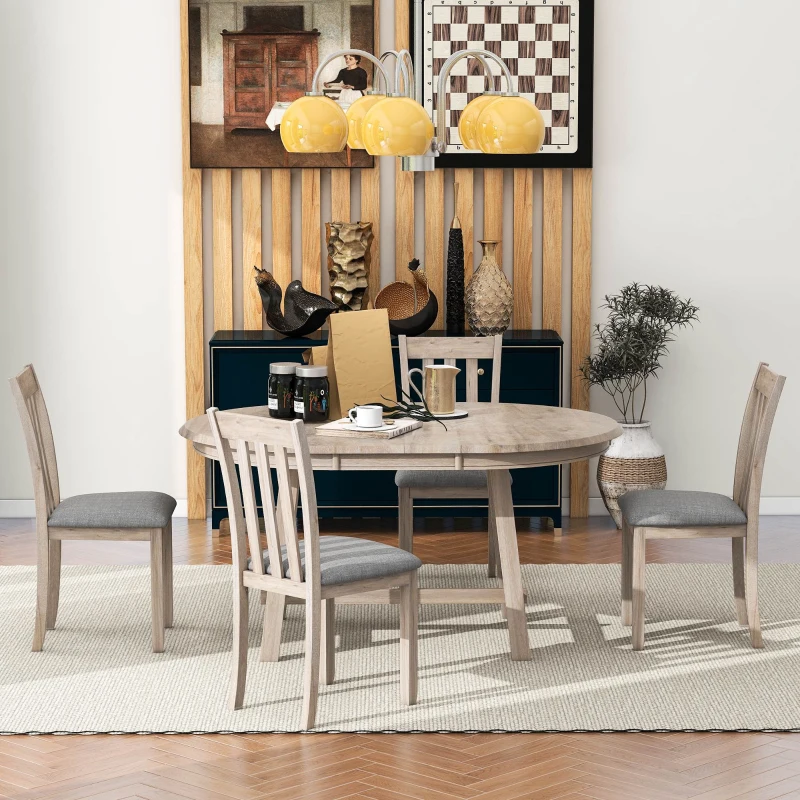 5-Piece Wood Dining Table Set, Round Extendable Table with 4 Chairs, Adjustable Length 41.4"-56.6", Modern Farmhouse Style, Natural Wood Wash