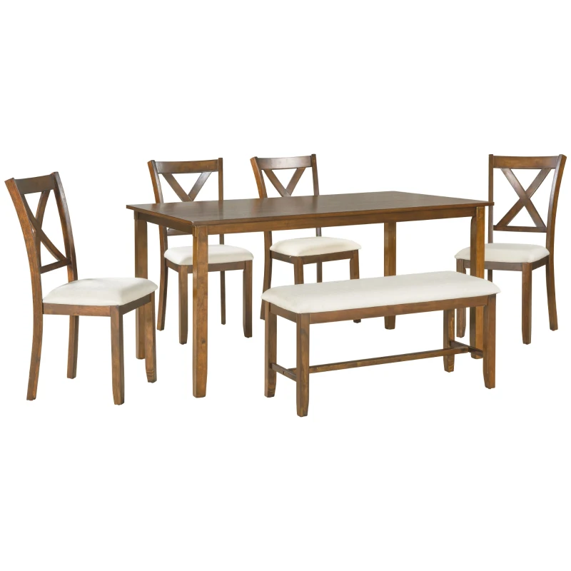 6-Piece Kitchen Dining Table Set, Wooden Rectangular Table with 4 Fabric Chairs and Bench, Durable Solid Wood Frame, Easy Assembly, 60''L x 36''W x 30''H, Natural Cherry