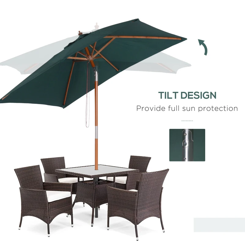 Outsunny 6.6x5ft Square Market Parasol, Wooden Patio Umbrella with Tilt Mechanism and 6 Bamboo Ribs, Garden Sunshade, Green