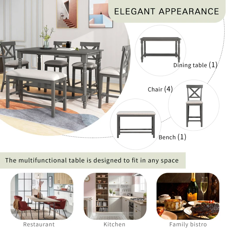 6-Piece Counter Height Dining Table Set with Shelf, 4 Chairs and Bench, High-Density Foam Cushions, MDF and Melaleucar Wood, 60''L x 29.5''W x 36''H, Gray