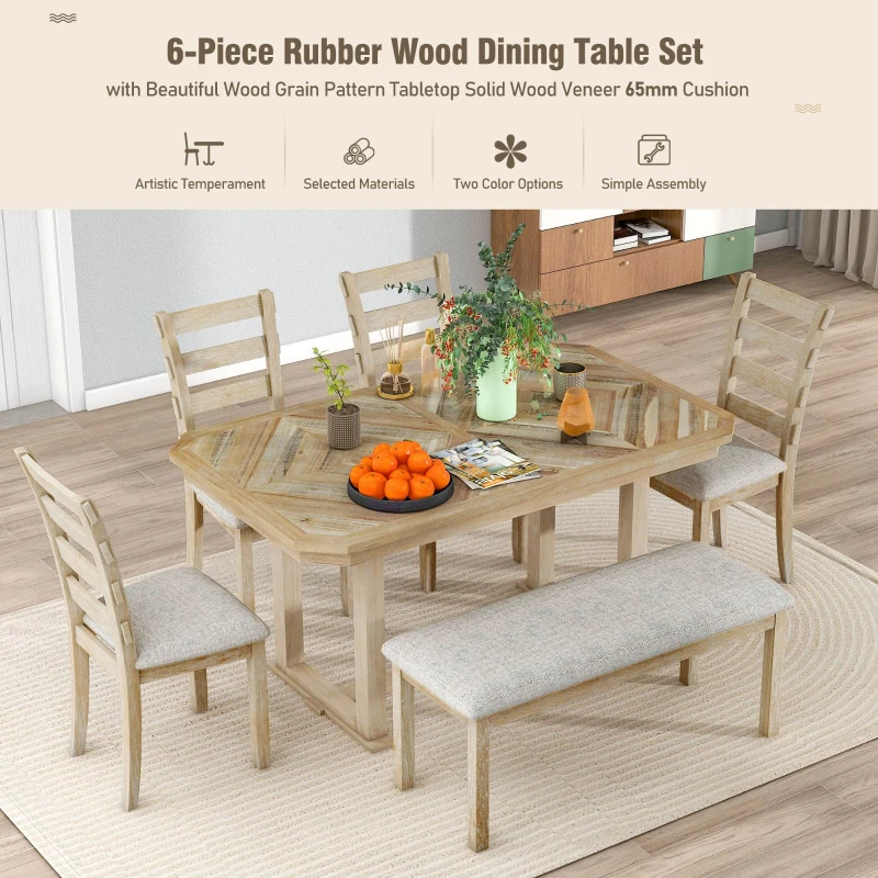 6-Piece Rubber Wood Dining Table Set with Wood Grain Pattern, Solid Wood Veneer, Soft Cushions, and H-Shaped Support Legs, 60"L x 36"W x 30.3"H, Natural Wood Wash