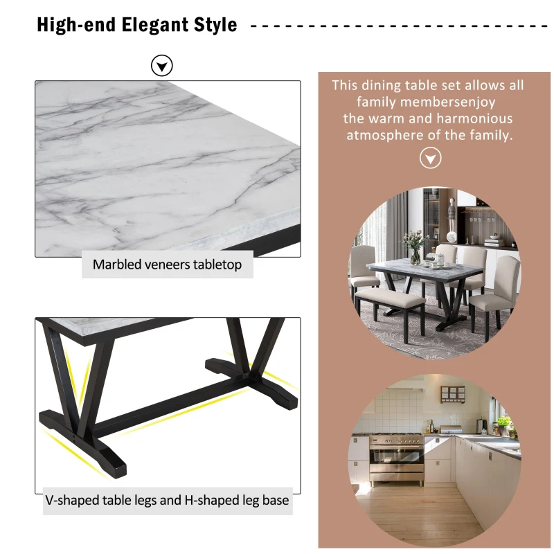 Modern 6-Piece Dining Table Set with 4 Upholstered Chairs and Bench, Marbled Veneers Tabletop, V-Shaped Legs, 60''L x 36''W x 30''H, White