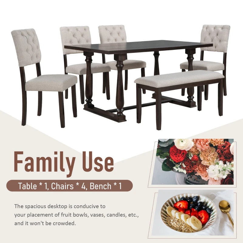 6-Piece Dining Table and Chair Set with Special-Shaped Legs, Foam-Covered Seat Backs & Cushions, Includes 1 Table, 4 Chairs, and 1 Bench, 60''L x 36''W x 30''H, Espresso