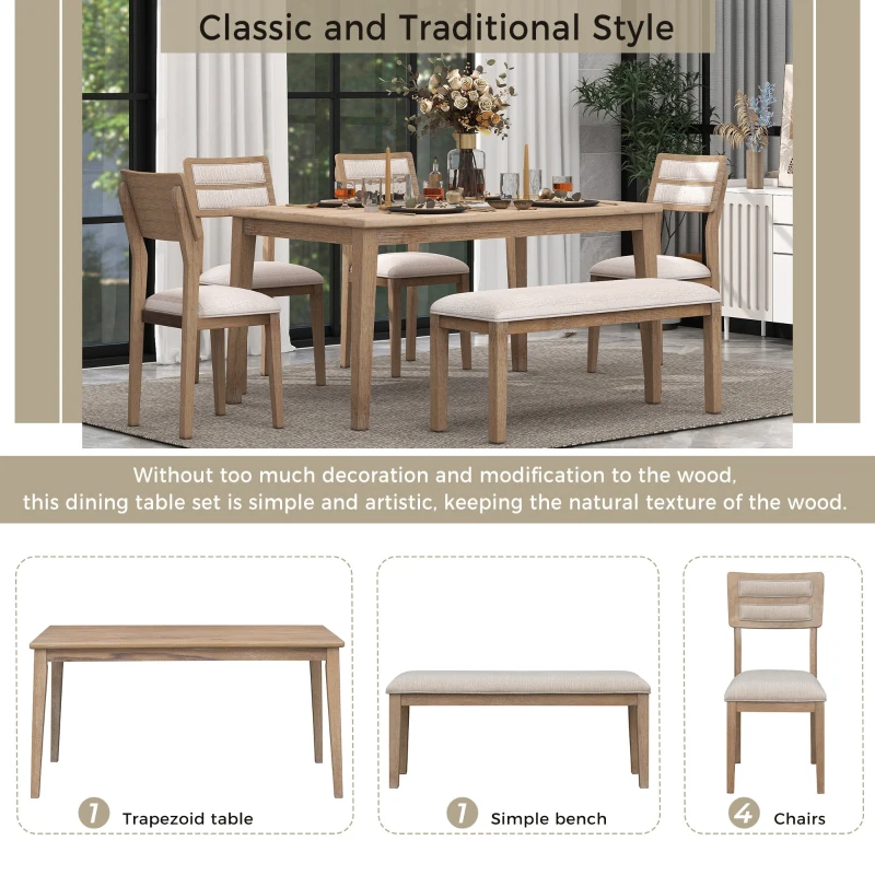 6-Piece Dining Set, Includes Dining Table, 4 Upholstered Chairs & Bench, Rubber Wood Legs, MDF Tabletop, 60''L x 36''W x 30''H, Natural Wood Wash