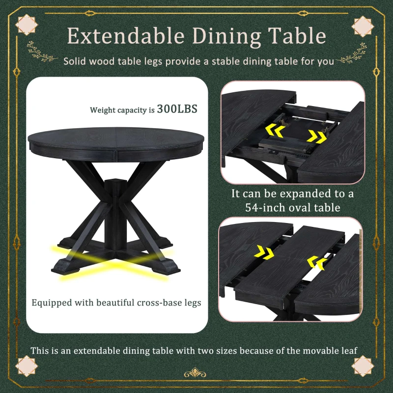 Retro Style Dining Table Set with Extendable Table and 4 Upholstered Chairs, Solid Wood Legs, 42"-54"L x 42"W x 30"H Length, Espresso