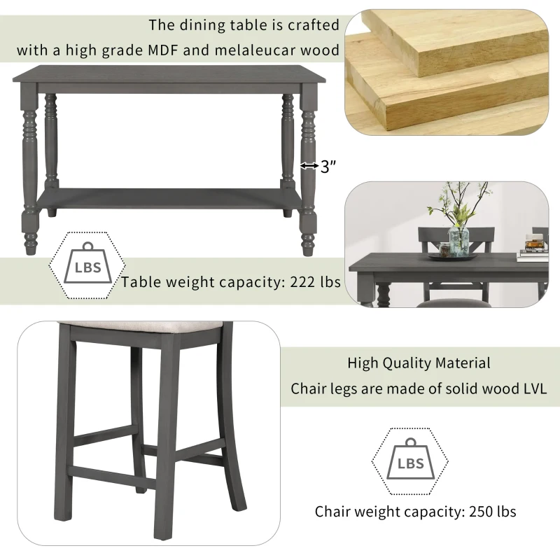 6-Piece Counter Height Dining Table Set with Shelf, 4 Chairs and Bench, High-Density Foam Cushions, MDF and Melaleucar Wood, 60''L x 29.5''W x 36''H, Gray