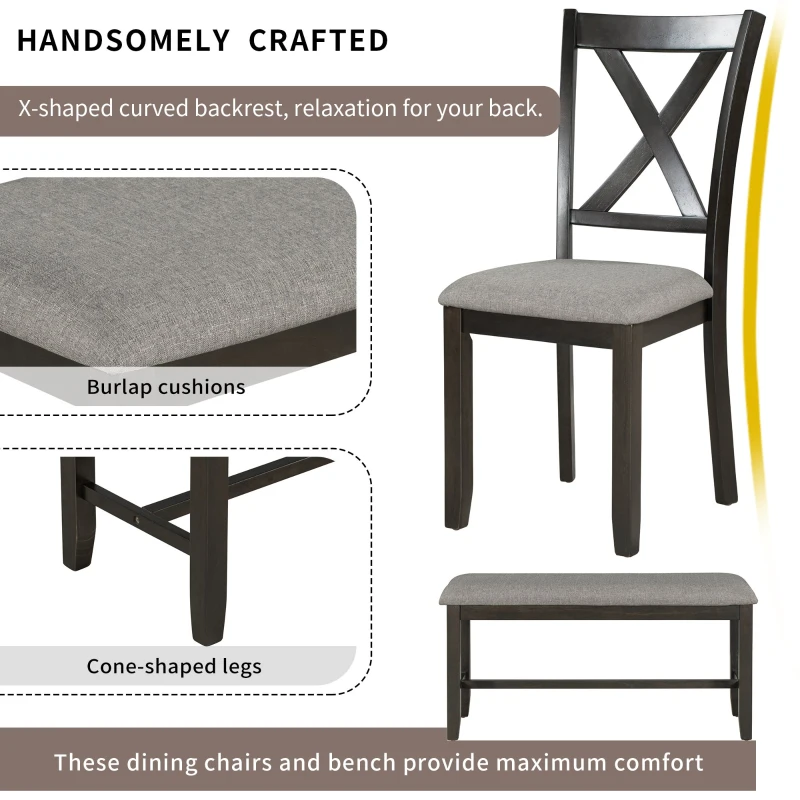6-Piece Kitchen Dining Table Set, Wooden Rectangular Table with 4 Fabric Chairs and Bench, Durable Solid Wood Frame, 60''L x 36''W x 30''H, Espresso