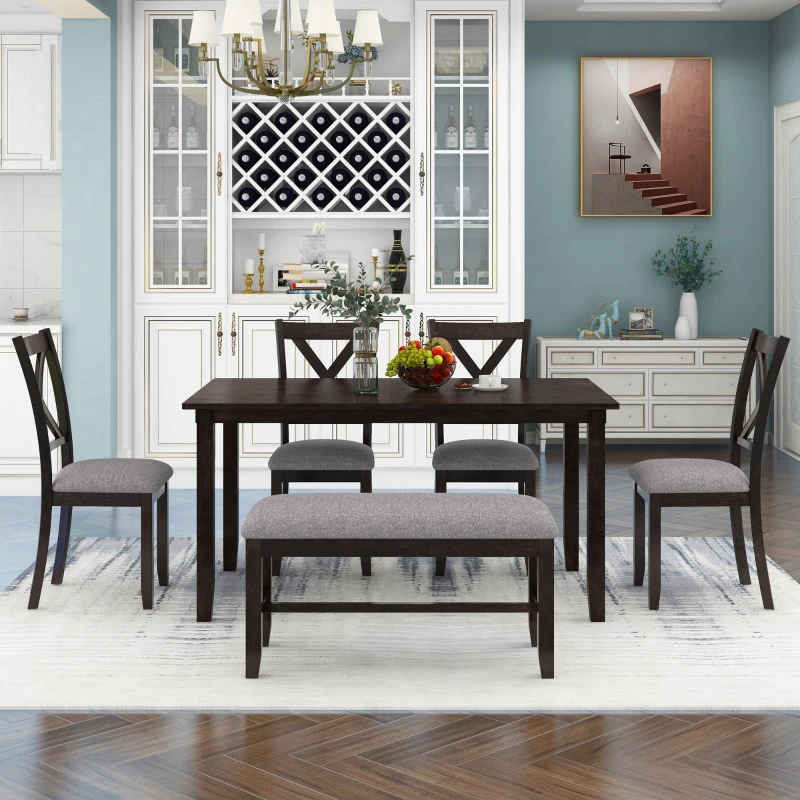 6-Piece Kitchen Dining Table Set, Wooden Rectangular Table with 4 Fabric Chairs and Bench, Durable Solid Wood Frame, 60''L x 36''W x 30''H, Espresso