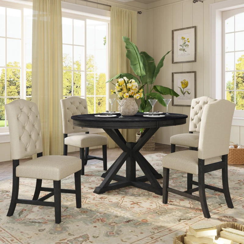 Retro Style Dining Table Set with Extendable Table and 4 Upholstered Chairs, Solid Wood Legs, 42"-54"L x 42"W x 30"H Length, Espresso