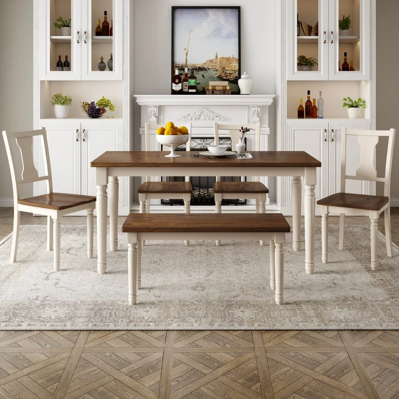 Classic 6-Piece Dining Set, Wooden Table and 4 Chairs with Bench, Sturdy Wood Construction, Ergonomic Design, 60''L x 35.8''W x 30''H, Brown+Cottage White